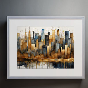 Poster Abstrato Watercolor Painting Dourada Cityscape 4:3