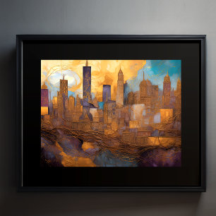 Poster Abstrato Watercolor Painting Dourada Cityscape 4:3