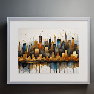 Poster Abstrato Watercolor Painting Dourada Cityscape 4:3