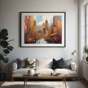 Poster Abstrato Watercolor Painting Dourada Cityscape 4:3