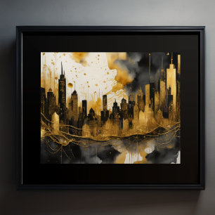 Poster Abstrato Watercolor Painting Dourada Cityscape 5:4