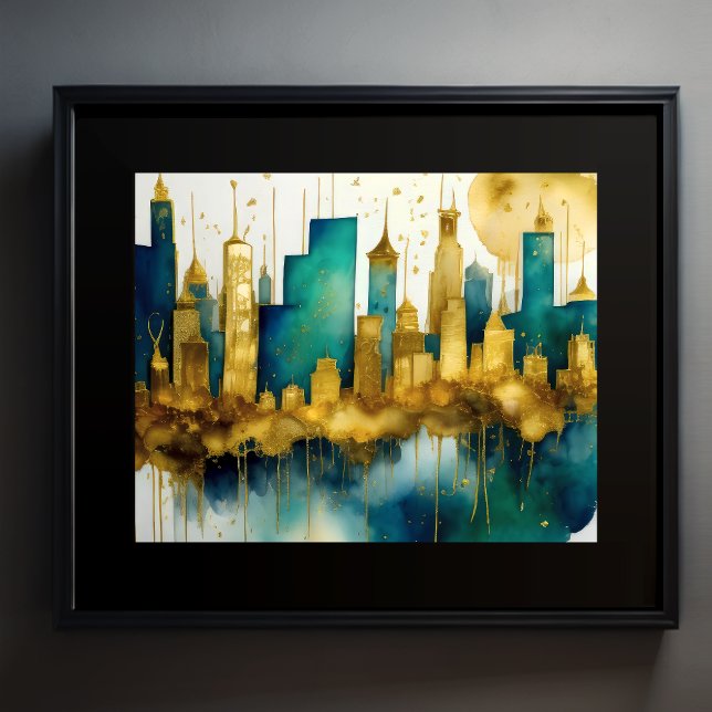 Poster Abstrato Watercolor Painting Dourada Cityscape 5:4 (Criador carregado)