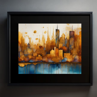 Poster Abstrato Watercolor Painting Dourada Cityscape 5:4