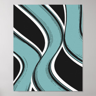 Poster Abstrato Wavy Teal e Design de Fluxo Negro