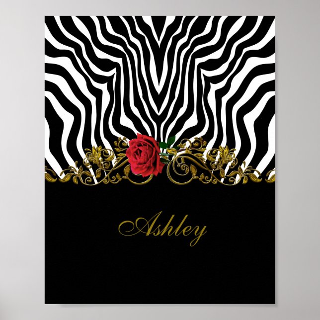 Poster Abstrato Zebra Flor Vermelho Negro Branco Dourado (Frente)
