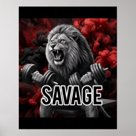 Poster Academia Savage Lion Treino Motivação Fitness