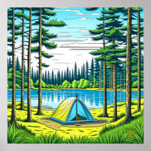 Poster Acampamento de tenda na floresta