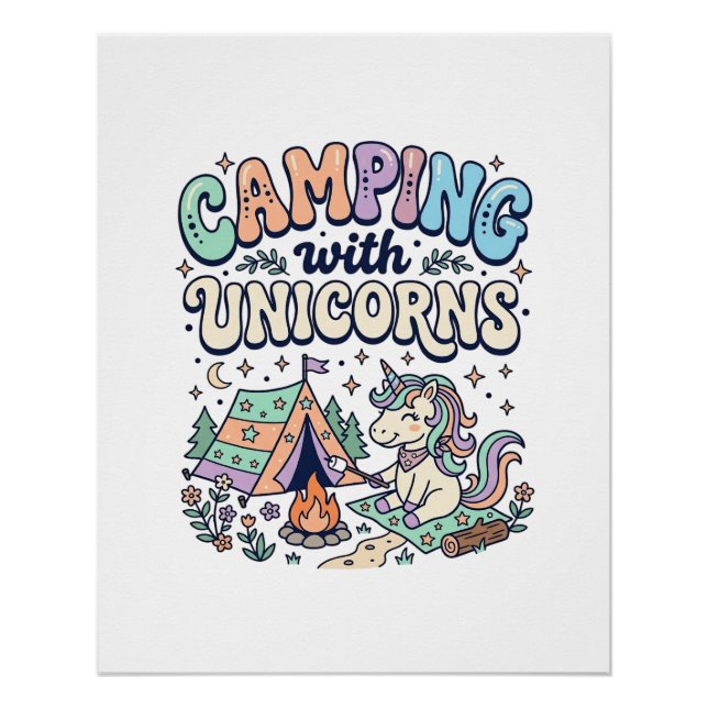 Póster Acampamento de Unicórnio com Adesivo Kawaii de Uni (Frente)