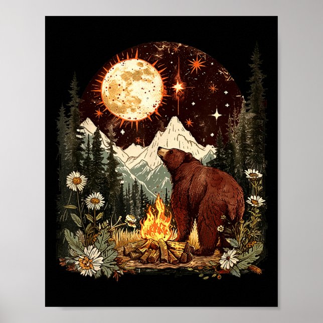 Poster Acampamento de urso celestial fogueira lua campist (Frente)