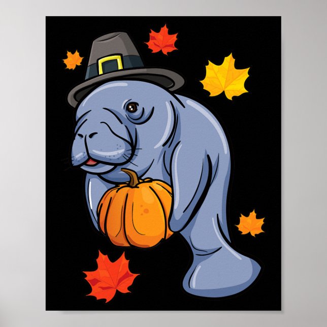Poster Ação de Graças Manatee Pilgrim Fall Pumpkin Dugong (Frente)