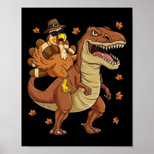 Poster Ação de Graças Turquia Andando em T Rex Dinosaur T (Frente)