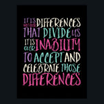 Poster Aceitar Celebrar Diferenças entre aspas Inspiracio<br><div class="desc">Aceite e comemore nossas diferenças. Design de aspas inspiracionais e motivacionais para aqueles que defendem a igualdade, escolhem amor em vez de ódio e esperança por um mundo melhor. Uma mercadoria de ditado inspiradora para o antirracismo e a luta contra o bullying. Elevar e inspirar pessoas a serem positivas, bondosas,...</div>
