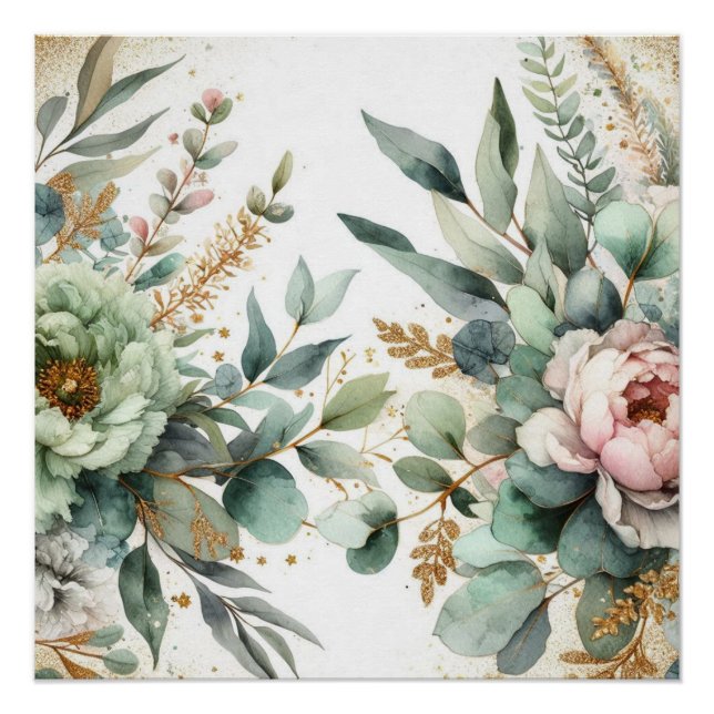 Póster Acentos Florais em Aquarela Folhagem Verde Rosa Do (Frente)