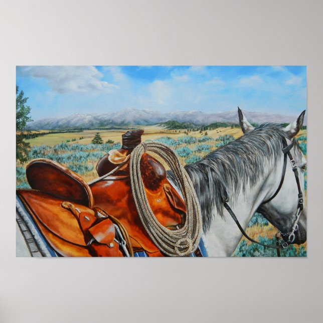 Póster Acobarde o cavalo, sela, vaqueiro, paisagem da (Frente)