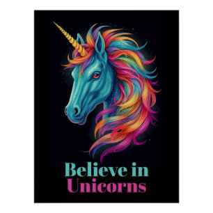 Póster Acredite em Unicórns Fantasy Rainbow Inspirational