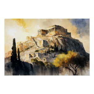 Póster Acrópole de Atenas, óleo e aquarela
