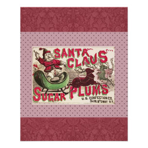Póster Açúcar Ameixas Papai Noel Antigo Anúncio de Doces 