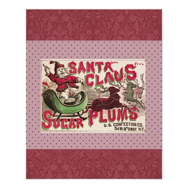 Póster Açúcar Ameixas Papai Noel Antigo Anúncio de Doces  (Frente)