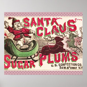 Póster Açúcar Ameixas Papai Noel Antigo Anúncio de Doces 
