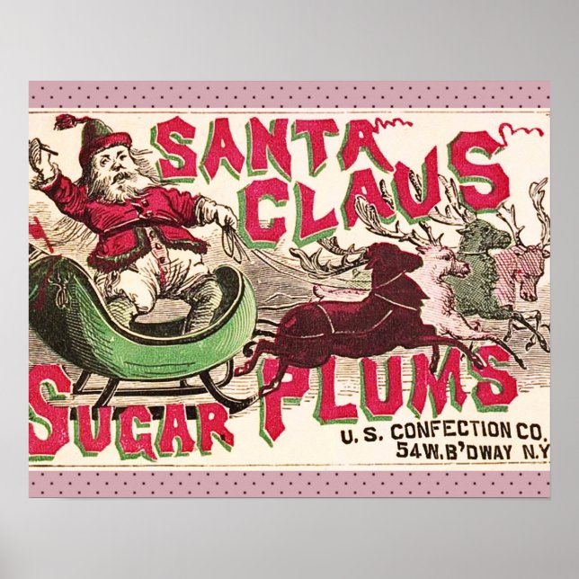 Póster Açúcar Ameixas Papai Noel Antigo Anúncio de Doces  (Frente)