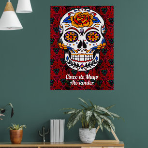 Poster Açúcar Caveira Cinco de Mayo Red Floral Nome Grand