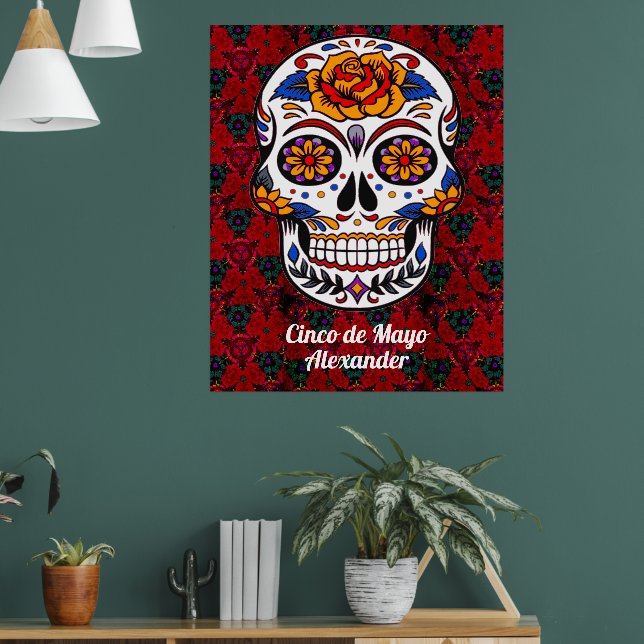 Poster Açúcar Caveira Cinco de Mayo Red Floral Nome Grand (Sala de Estar 1)