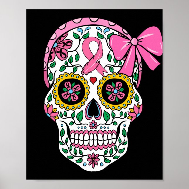 Poster Açúcar Crânio Fita Rosa Fita Calavera Cancer da Ma (Frente)