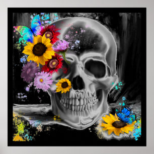 Poster Açúcar gótico floral flores do crânio borbolet