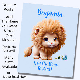 Poster Add Name Text, Baby Lion with Blue Flower  