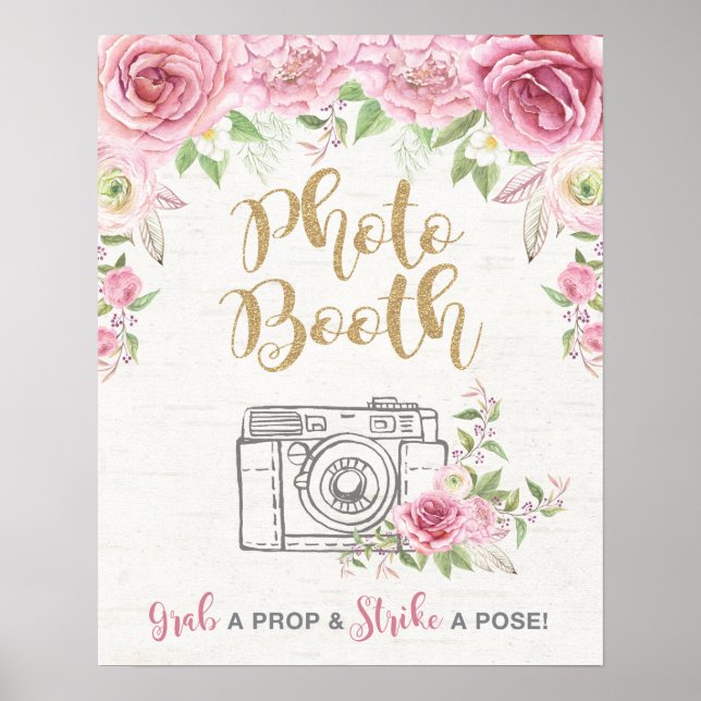 Poster Adereços de cabine de fotos com rosas cor-de-rosa  (Frente)