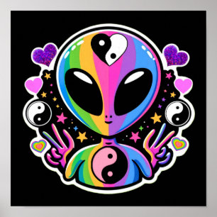 Poster Adesivo Arco-íris Alien Yin Yang Símbolo da Paz