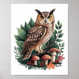 Poster Adesivo de Cogumelo Estético Cottagecore com Coruj