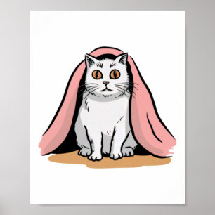 Poster Adesivo de Gato Branco Debaixo de um Cobertor Rosa