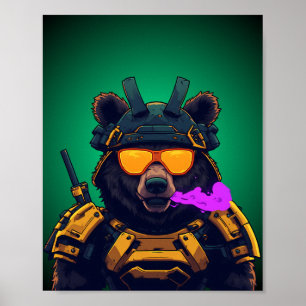 Poster Adesivo de Mascote Mecha Samurai Cyberpunk Urso