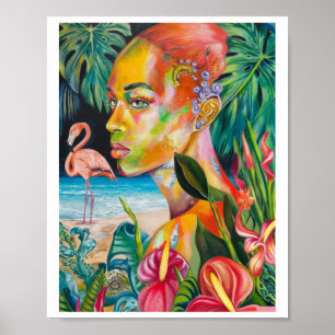 Poster Adesivo de Pássaros e Flores Tropicais - Laranja B