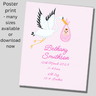 Poster Adicionar Nome - Detalhes do Nascimento Stork Pink