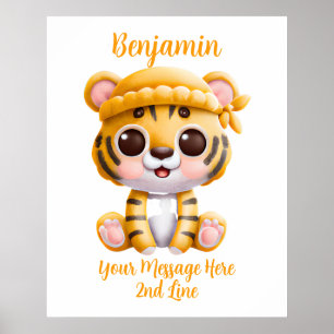 Poster Adicionar Nome Texto, Bebê Tigre com Chapéu em Bra