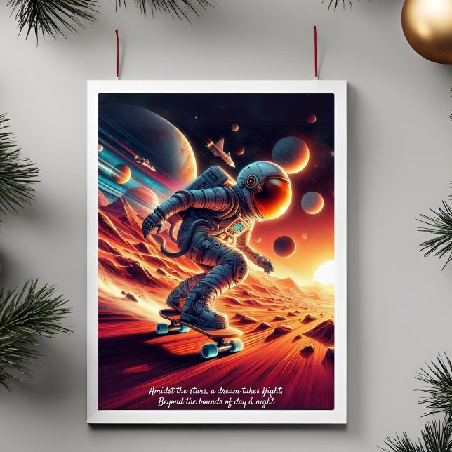 Poster Adicione sua mensagem, astronauta de skate em Mart (Criador carregado)