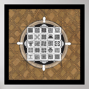 Poster Adinkra e árabe com fundo africano do Raffia