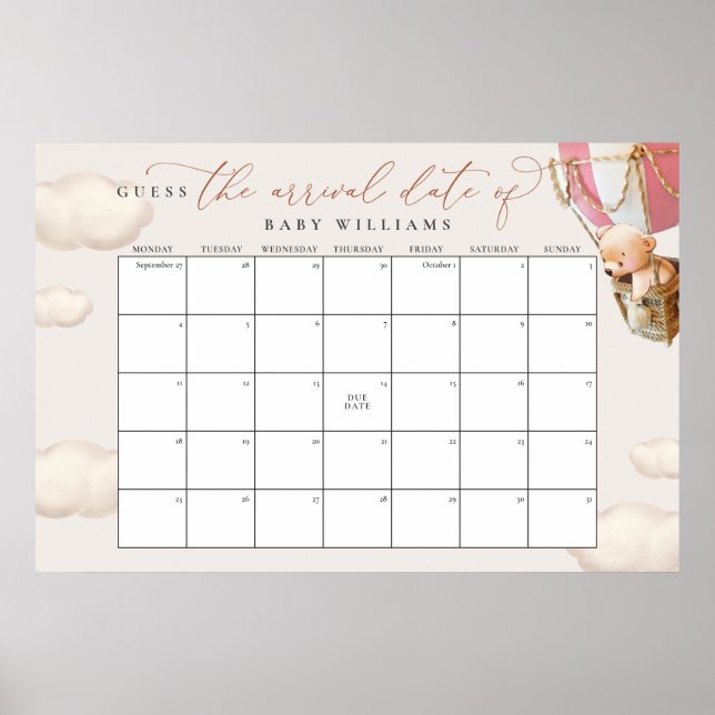 Poster Adivinha O Urso Rosa Do Calendário De Data De Venc (Frente)