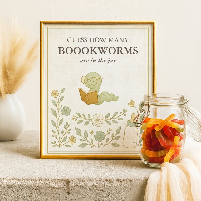 Poster Adivinha Quantos Bookworms O Chá de fraldas Storyb (Guess How many Bookworms are in the jar Storybook Baby Shower Sign, Our next chapter, Book Themed)