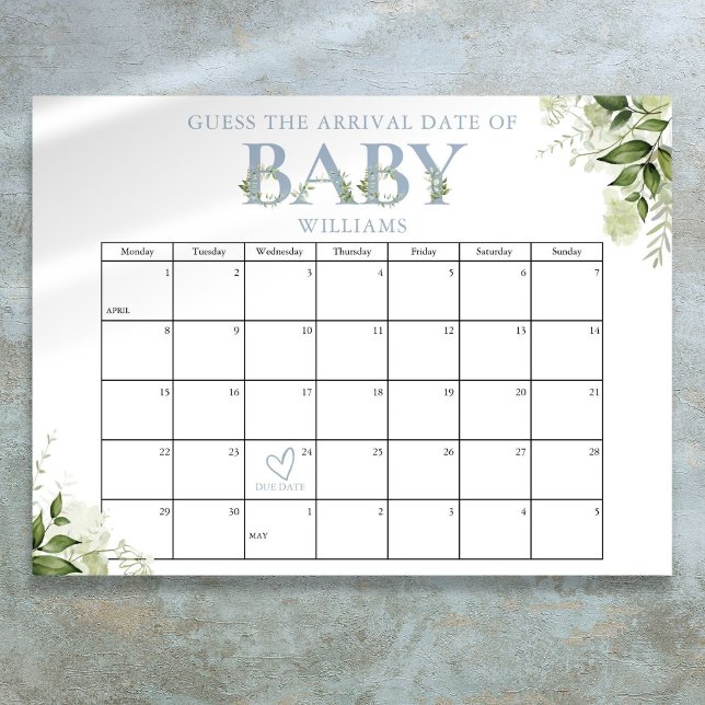 Poster Adivinhe a Data de Chegada Verde-azulado Baby Show (Guess The Arrival Date Greenery Blue Baby Shower Poster)
