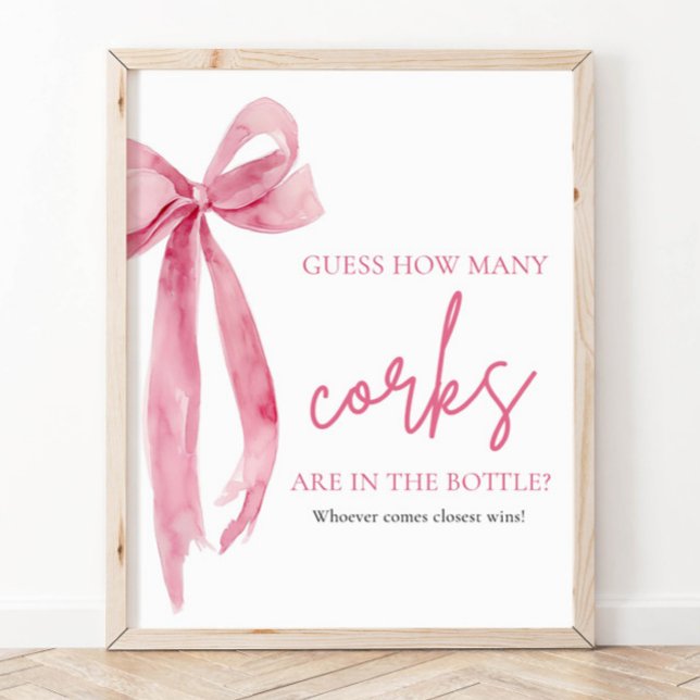 Poster Adivinhe Quantas Rolhas Jogo do Laço Rosa Elegante (Elegant Blush Pink Bow Guess How Many Corks Game Pedestal Sign)