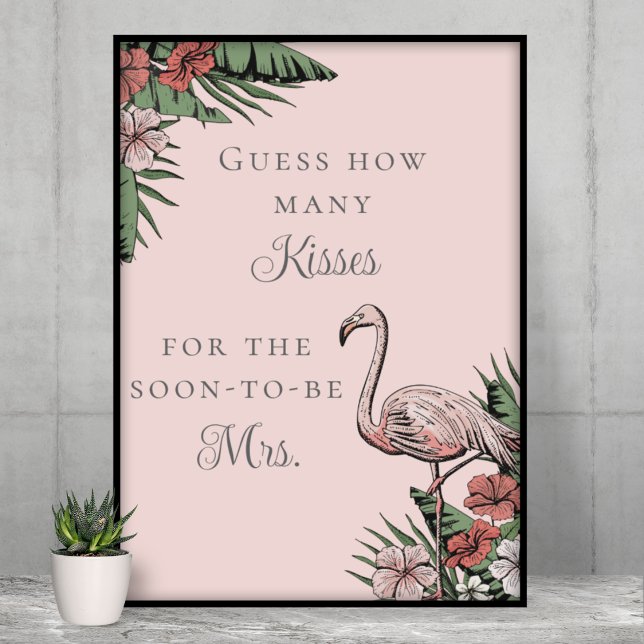 Poster Adivinhem Quantos Beijos Chá de panela Tropical (Elegant Tropical Flamingo Bridal Shower Guess How Many Kisses Game. Pink Flamingo, Banana Leaves)