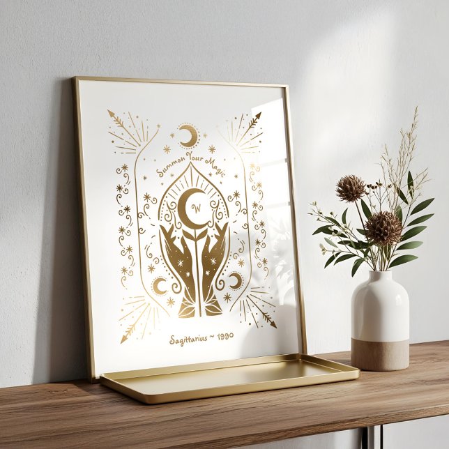 Poster Adivinho de Estrela e Lua Monograma e Ano de Nasci (Star & Moon Fortune Teller Monogram & Birth Year Poster)