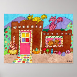 Poster Adobe Gingercake House with Cats Folk Art