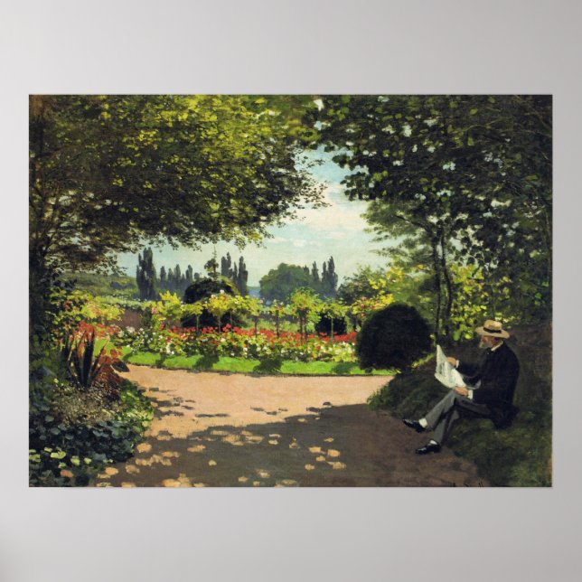Póster Adolphe Monet Reading in the Garden - Claude Monet (Frente)