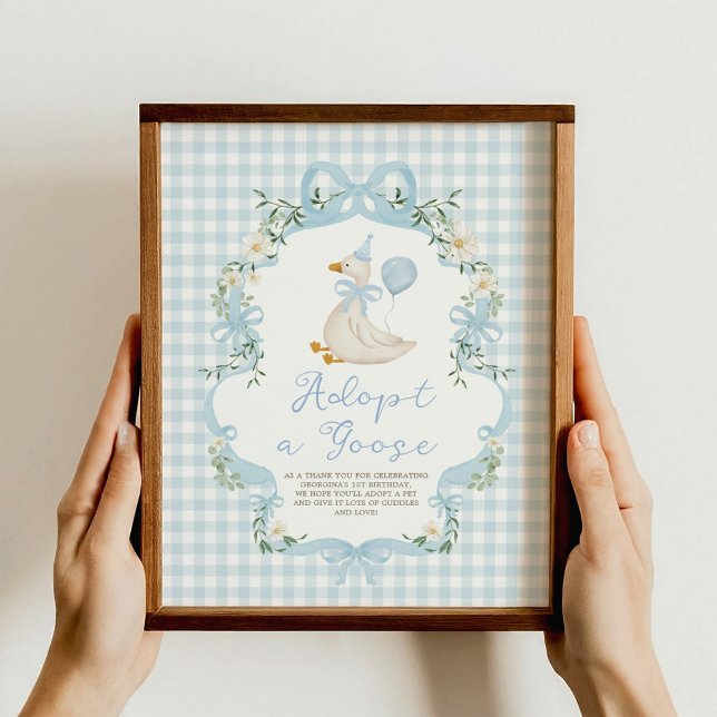Poster Adopt a Goose Blue Bow Gingham Birthday Decor Sign (Criador carregado)