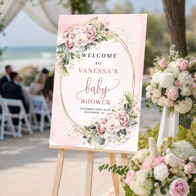 Poster Adorable Blush Pink Floral Baby Shower Welcome Sig (Adorable Blush Pink Floral Baby Shower Welcome Sign)