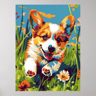 Poster Adorable Chibi Corgi Puppy Running in Garden Poste